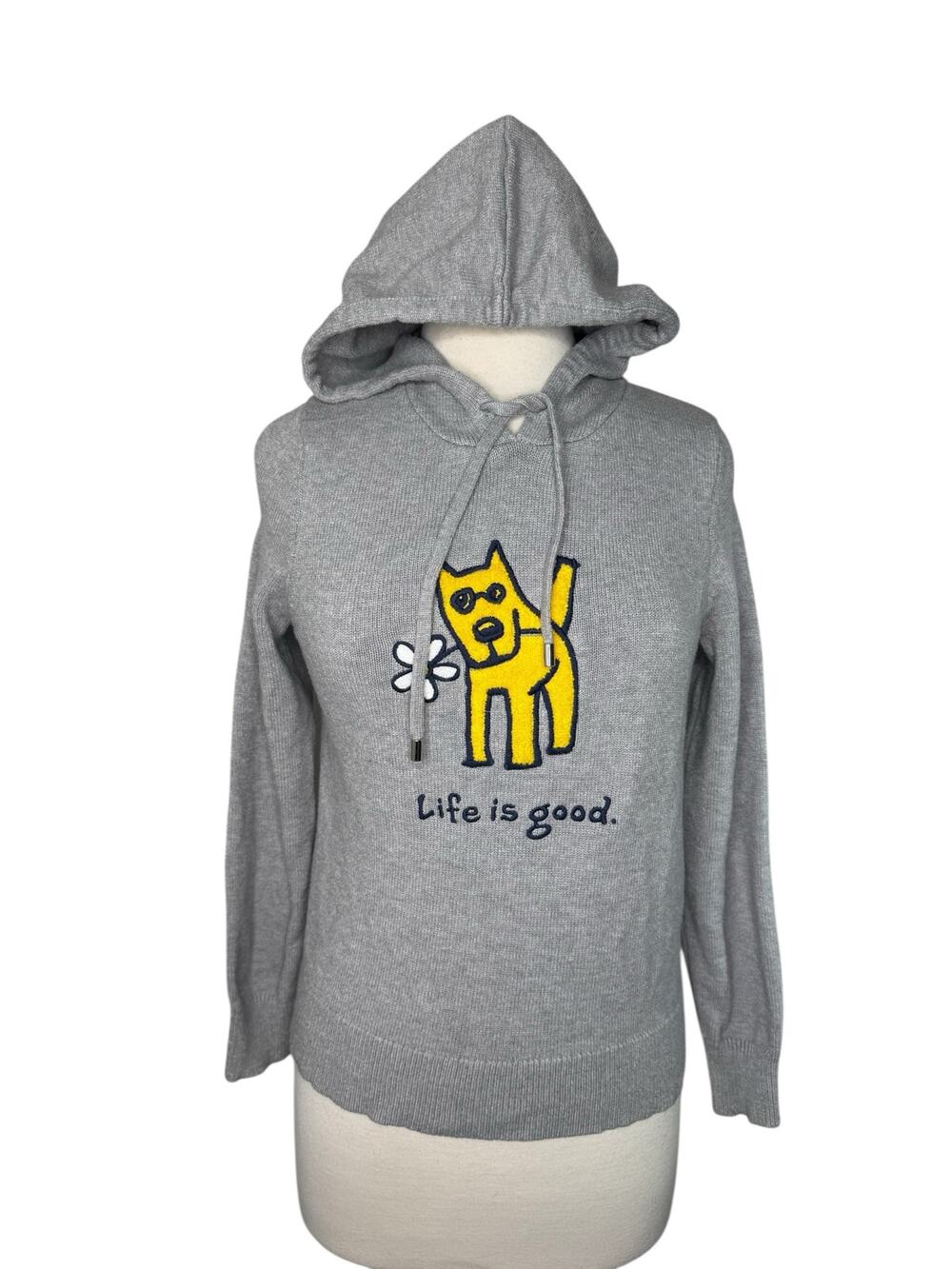 LIFE IS GOOD Yellow Daisy Dog Gray Hooded Sweater Size Small Womens Pullover